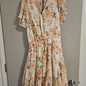 Trixxi Orange and Pink Wrap Midi Dress with Flutter Sleeves